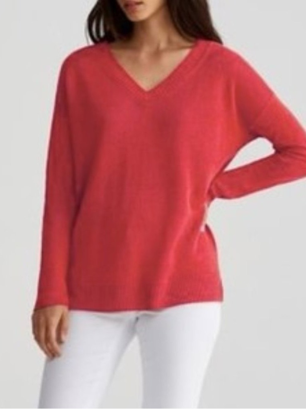 Eileen Fisher red linen oversized V-Neck Sweater/Tunic size Large